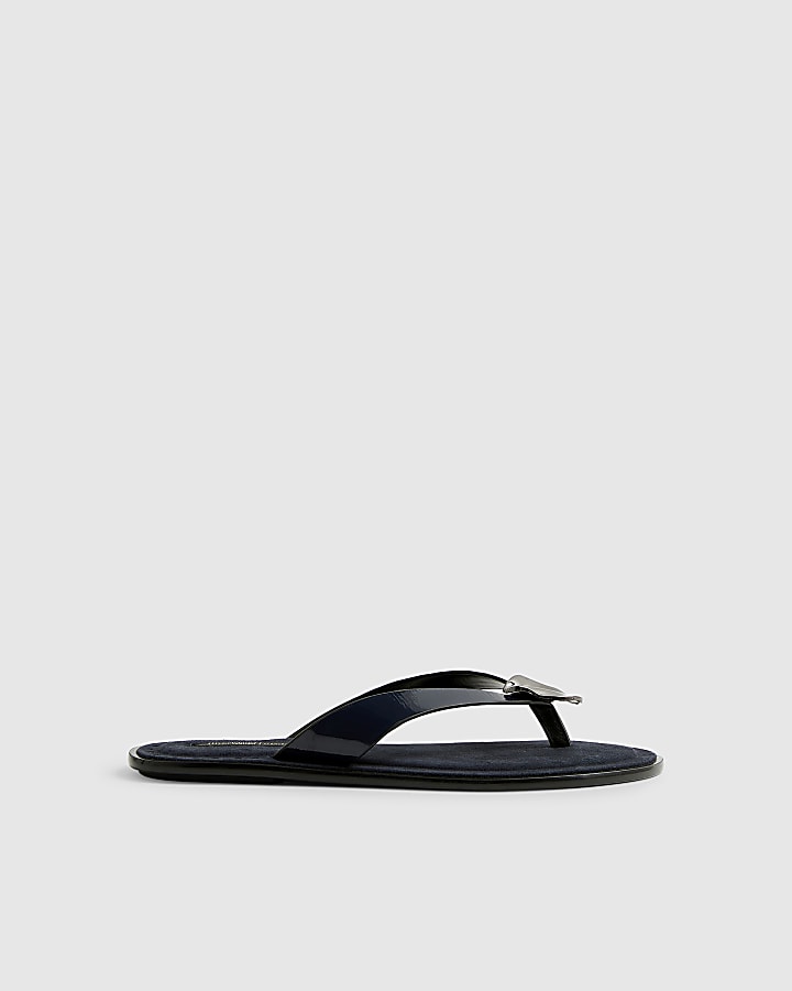 Navy Silver Hardware Toe Thong Flat Sandals