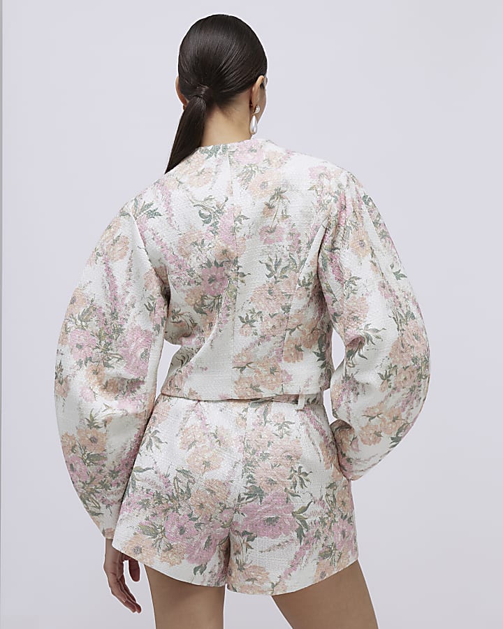 Pink Floral Cocoon Sleeve Boucle Jacket