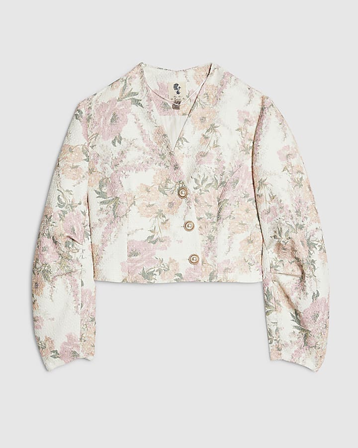 Pink Floral Cocoon Sleeve Boucle Jacket