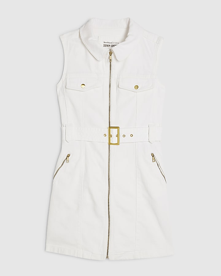 White Belted Mini Denim Dress