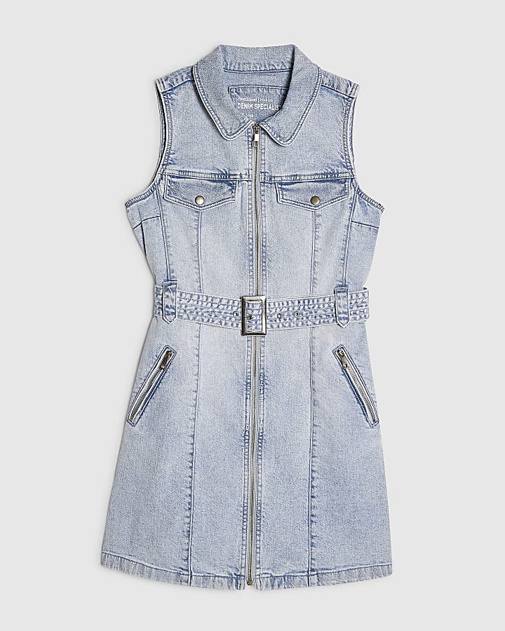 Blue Denim Sleeveless Belted Mini Dress