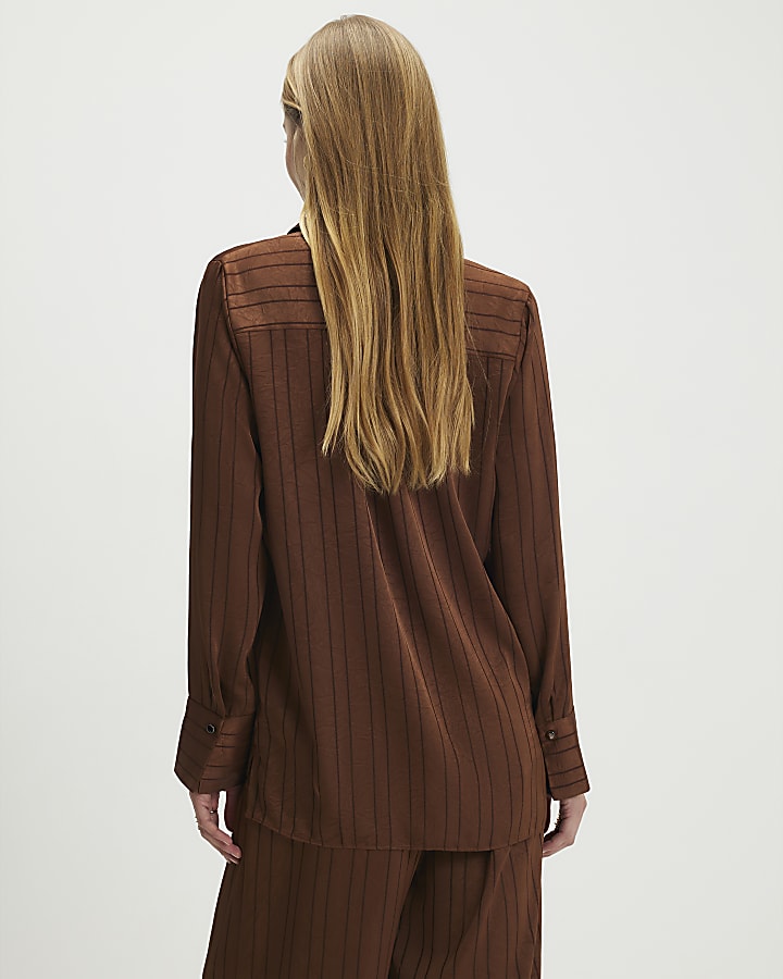 Brown Satin Striped Crinkle Blouse