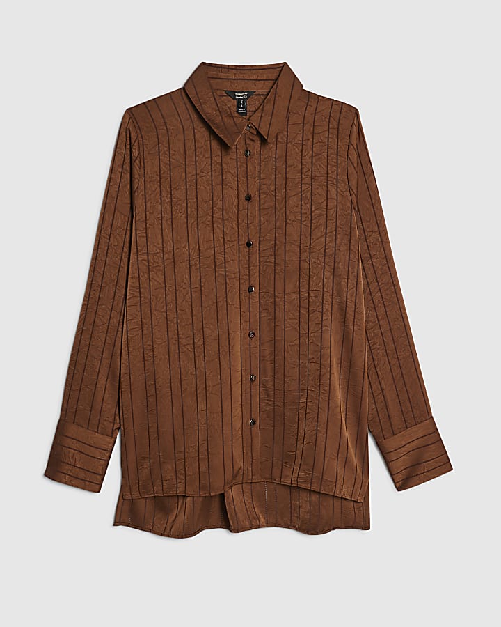 Brown Satin Striped Crinkle Blouse