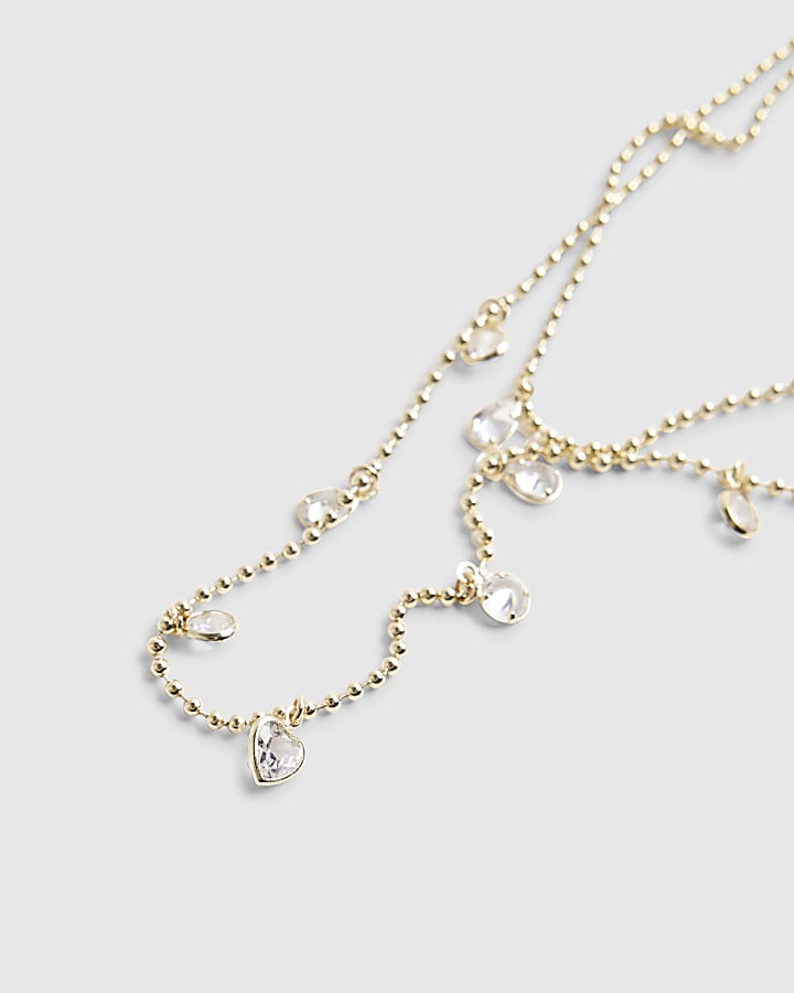 Gold Pearl Stone  Double Row Cluster Necklace