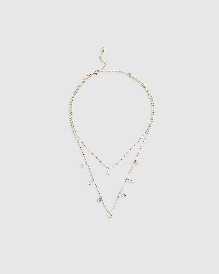 Gold Pearl Stone  Double Row Cluster Necklace