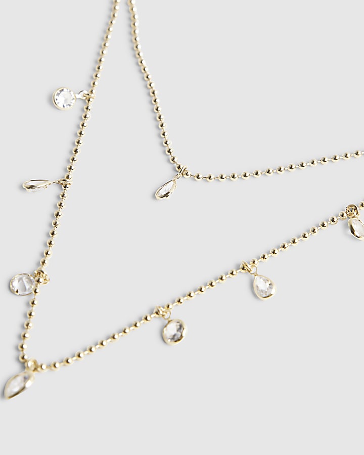 Gold Pearl Stone  Double Row Cluster Necklace