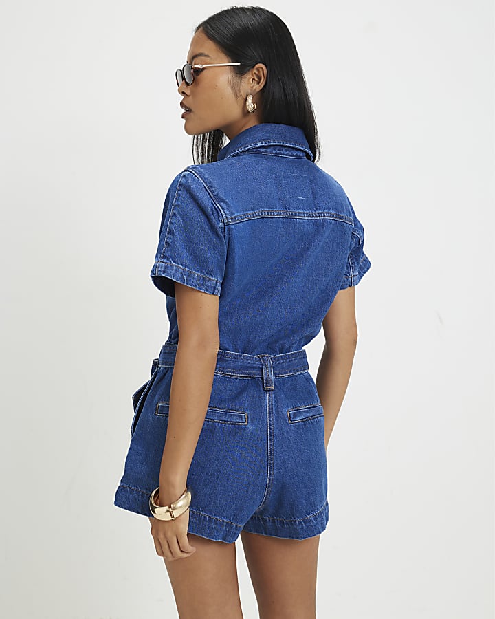 Petite Blue Denim Short Sleeve Playsuit