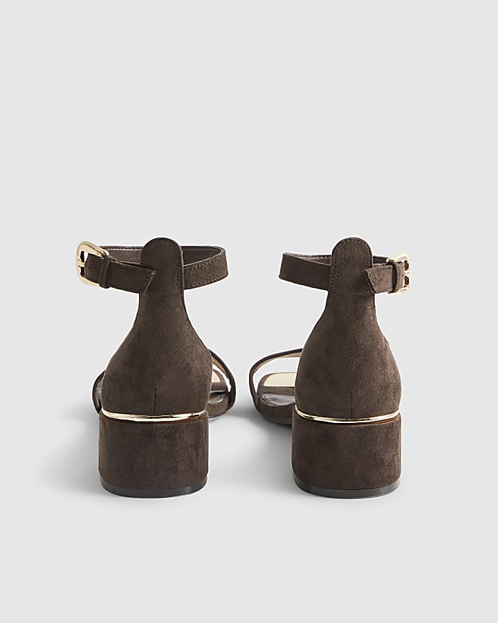 Brown Faux Suede Low Block Heel Sandals