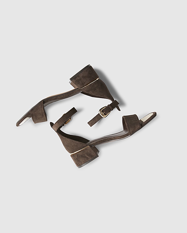 Brown Faux Suede Low Block Heel Sandals