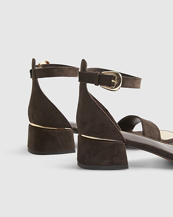 Brown Faux Suede Low Block Heel Sandals