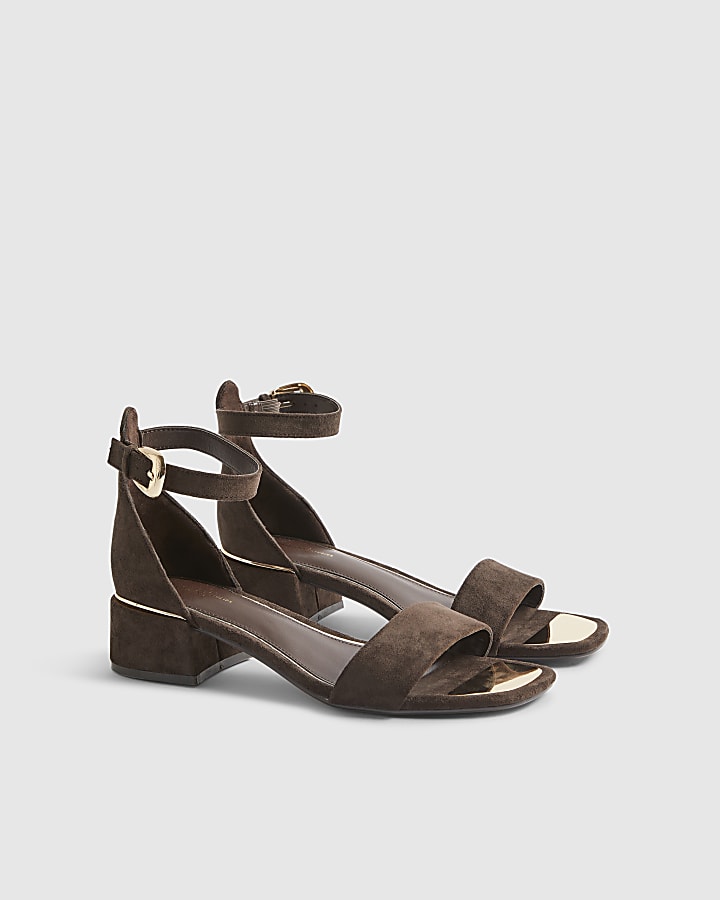 Brown Faux Suede Low Block Heel Sandals