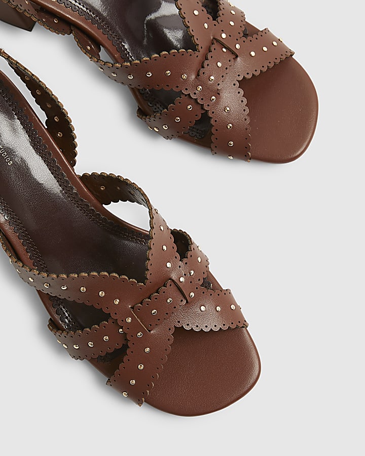 Brown Studded Scallop Edge Block Heel Sandals