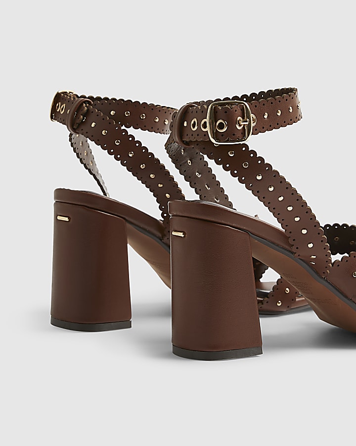 Brown Studded Scallop Edge Block Heel Sandals