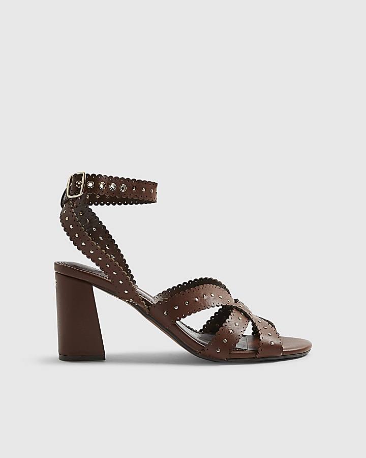 Brown Studded Scallop Edge Block Heel Sandals