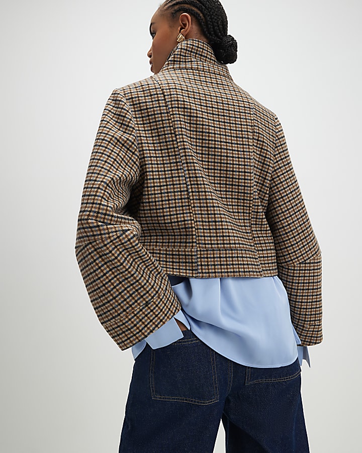 Brown Check Funnel Neck Jacket