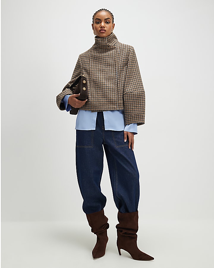 Brown Check Funnel Neck Jacket