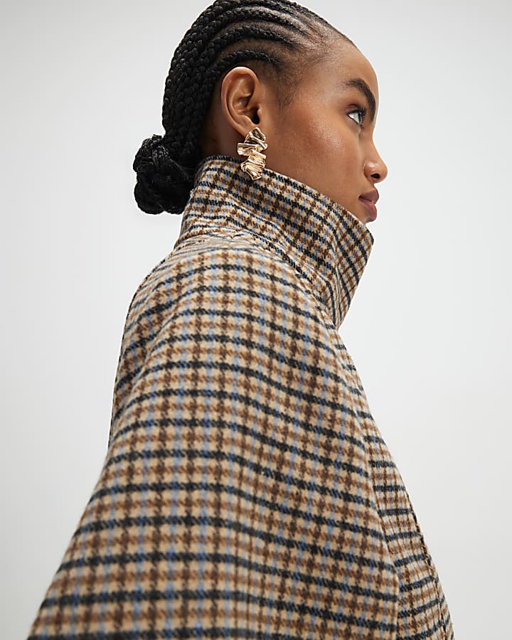 Brown Check Funnel Neck Jacket