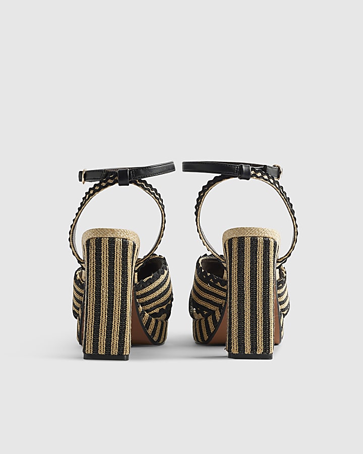 Black Raffia Stripe Platform Heeled Sandals
