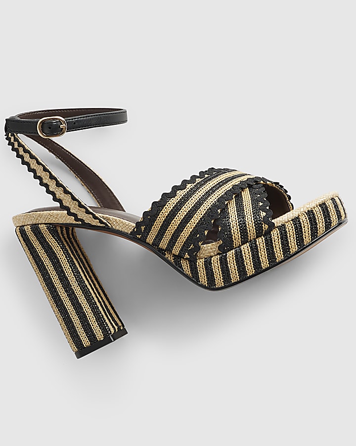 Black Raffia Stripe Platform Heeled Sandals