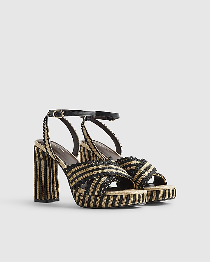 Black Raffia Stripe Platform Heeled Sandals