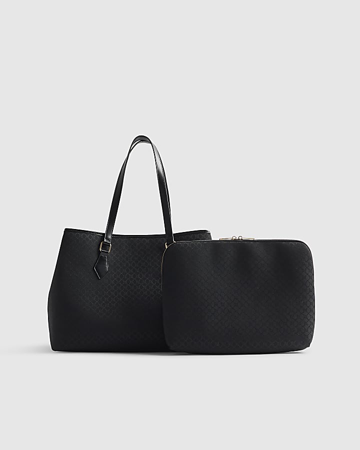 Black Jacquard Monogram Shopper Bundle Bag
