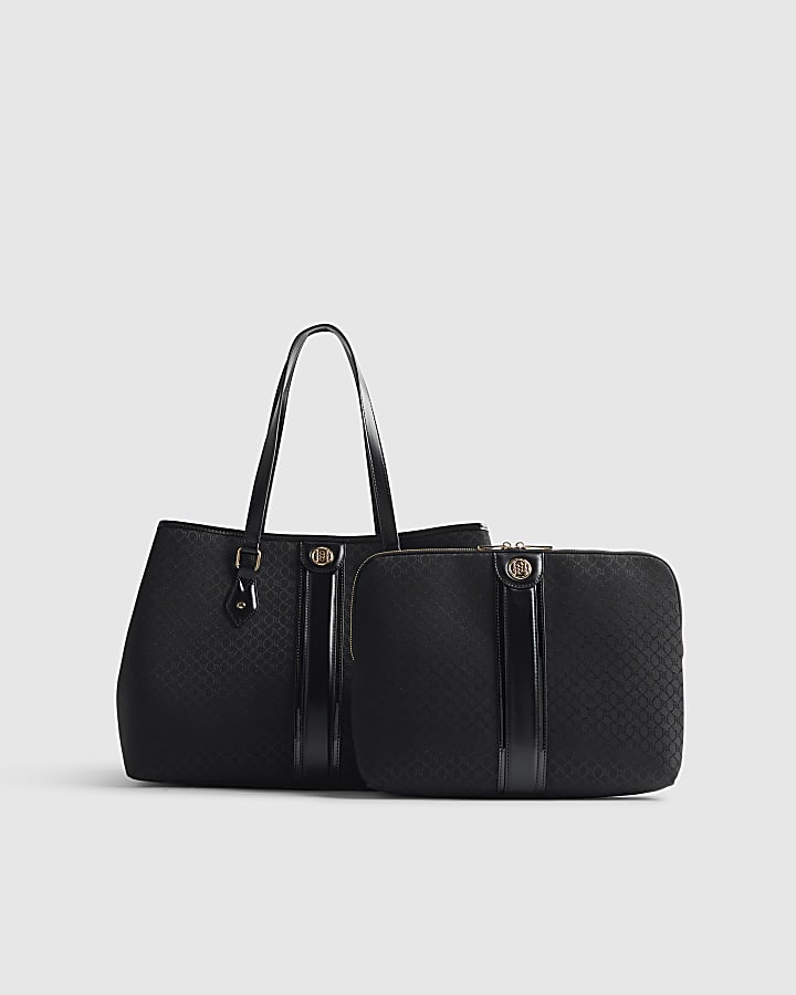 Black Jacquard Monogram Shopper Bundle Bag
