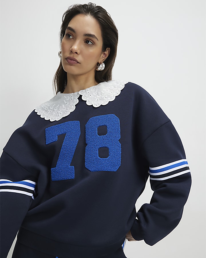 Navy Long Sleeve Collared Number Sweatshirt