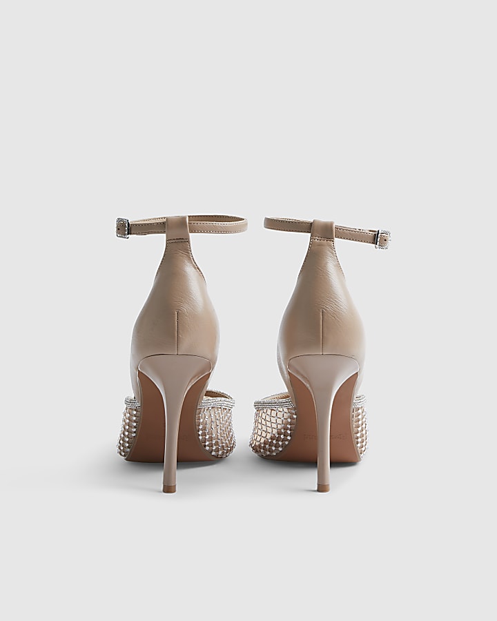 Beige Embellished Mesh Court Heels