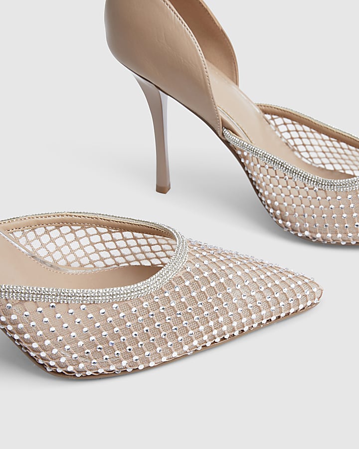 Beige Embellished Mesh Court Heels