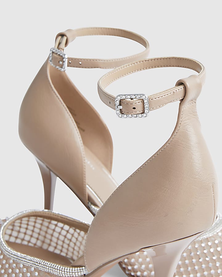 Beige Embellished Mesh Court Heels