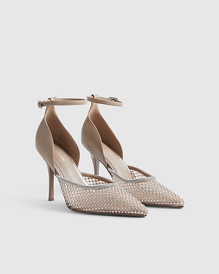 Beige Embellished Mesh Court Heels