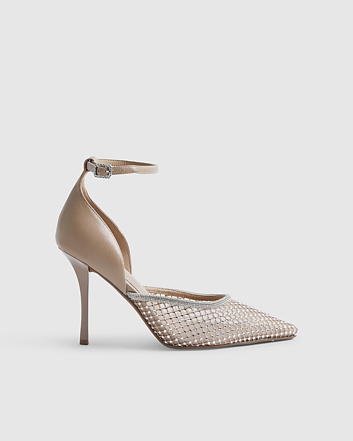 Beige Embellished Mesh Court Heels