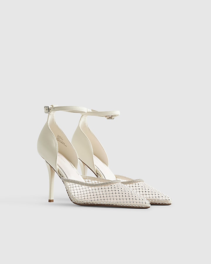 White Embellished Mesh Court Heels