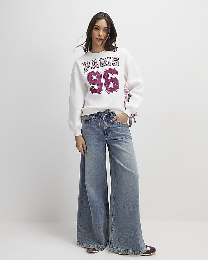 Cream Long Sleeve Paris Bow Sweatshirt