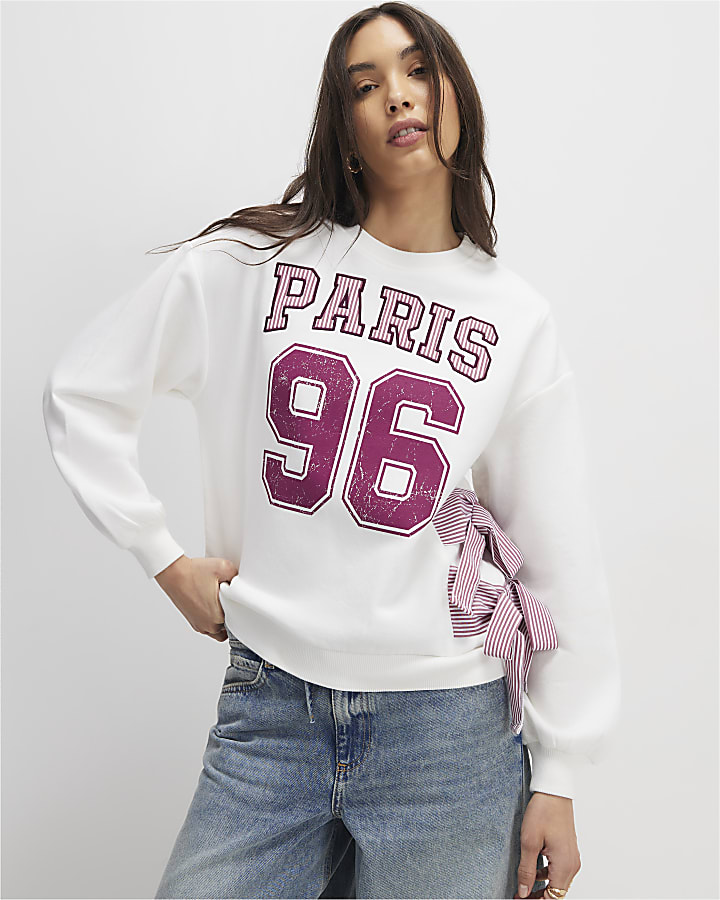 Cream Long Sleeve Paris Bow Sweatshirt