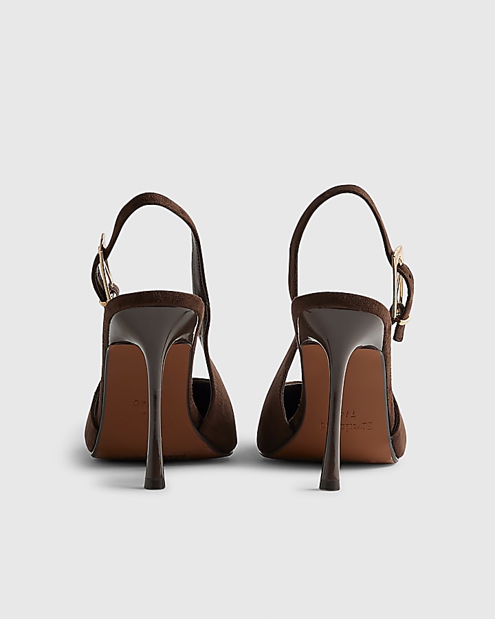 Brown Wide Fit Faux Suede Sling Back Heels
