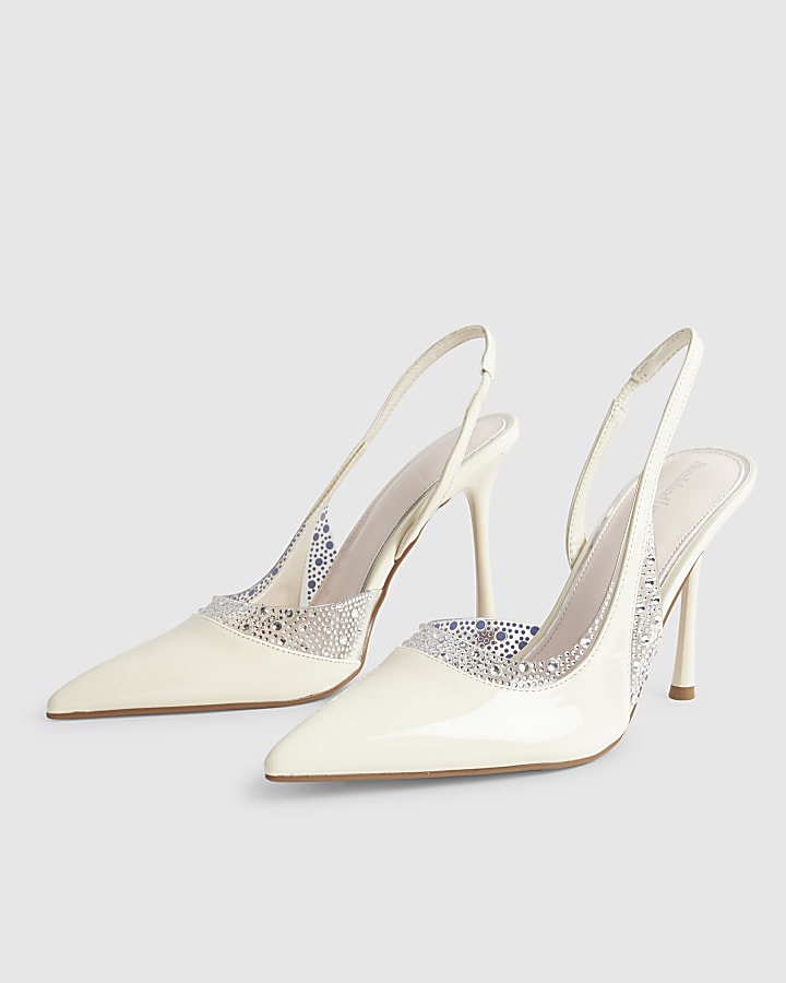 White Wide Fit Sparkle Slingback Court Heels
