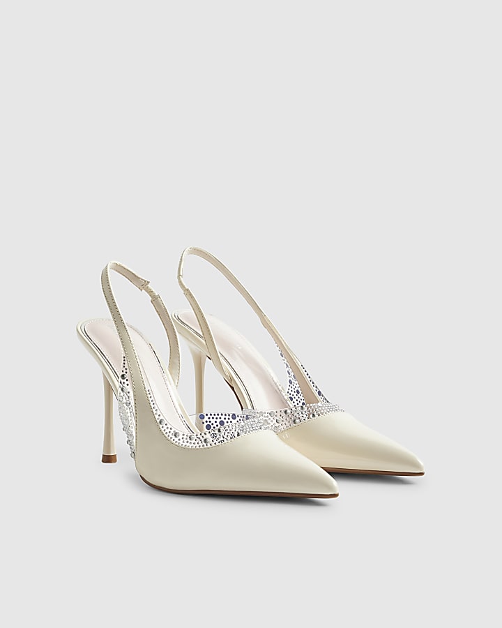 White Wide Fit Sparkle Slingback Court Heels