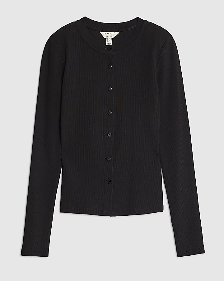 Black Long Sleeve Shoulder Pad Button Up Top