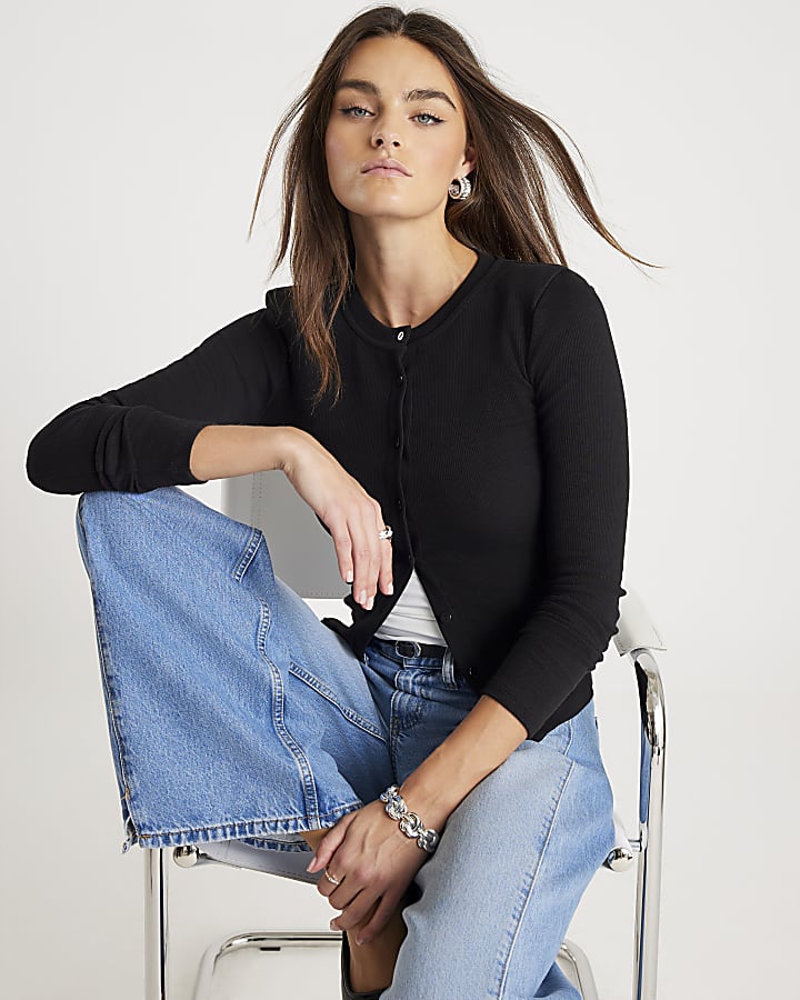 Black Long Sleeve Shoulder Pad Button Up Top