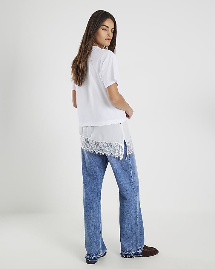 White Short Sleeve Lace Hem Layered T-shirt