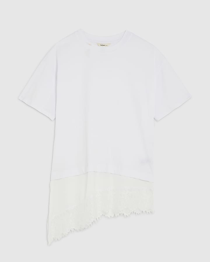 White Short Sleeve Lace Hem Layered T-shirt