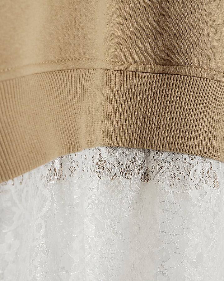 Beige Long Sleeve Lace Hem Sweatshirt
