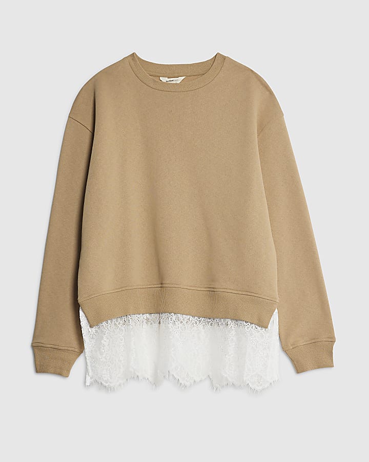 Beige Long Sleeve Lace Hem Sweatshirt