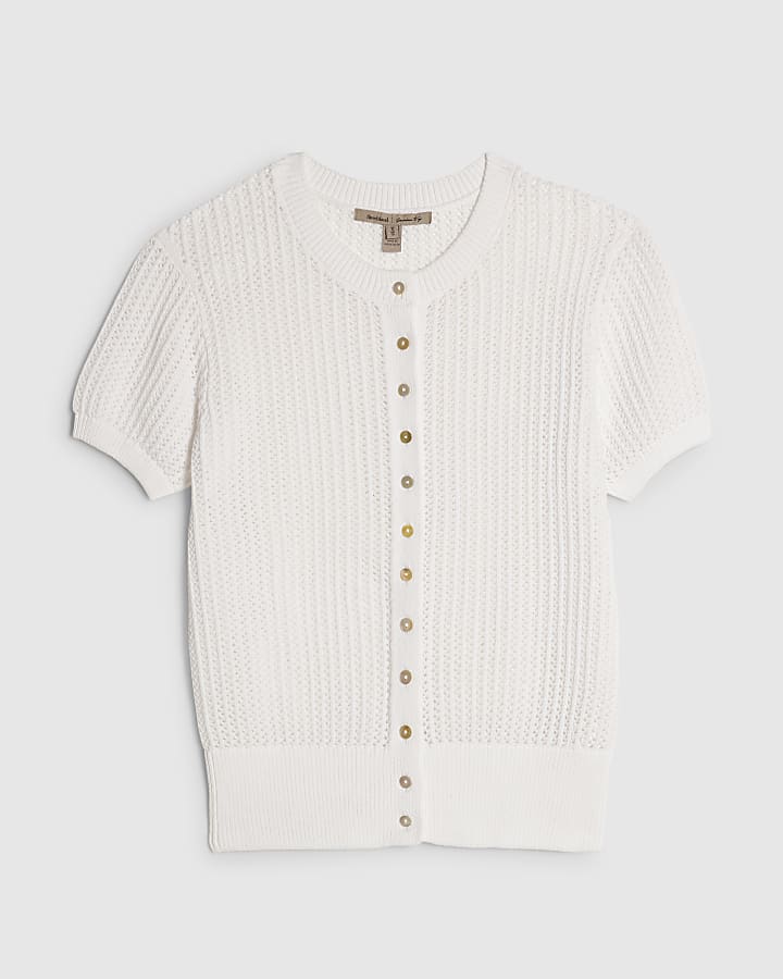 White Knitted Button Through T-Shirt