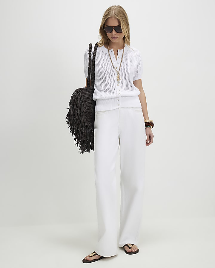 White Knitted Button Through T-Shirt