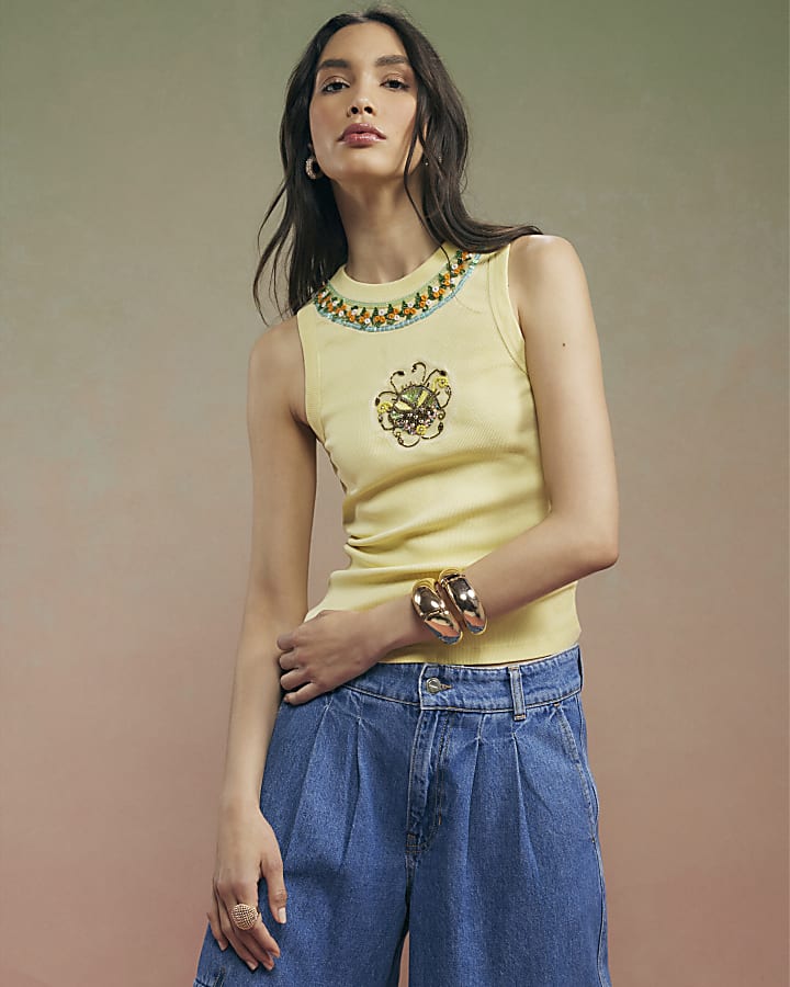 Yellow Year Zero Embellished Racer Tank Top