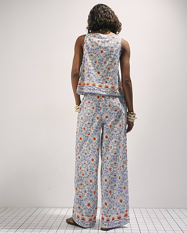 Blue Printed Linen Blend Trousers