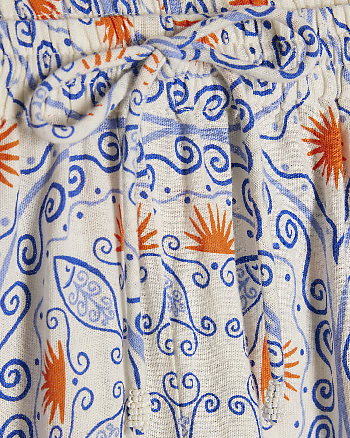 Blue Printed Linen Blend Trousers