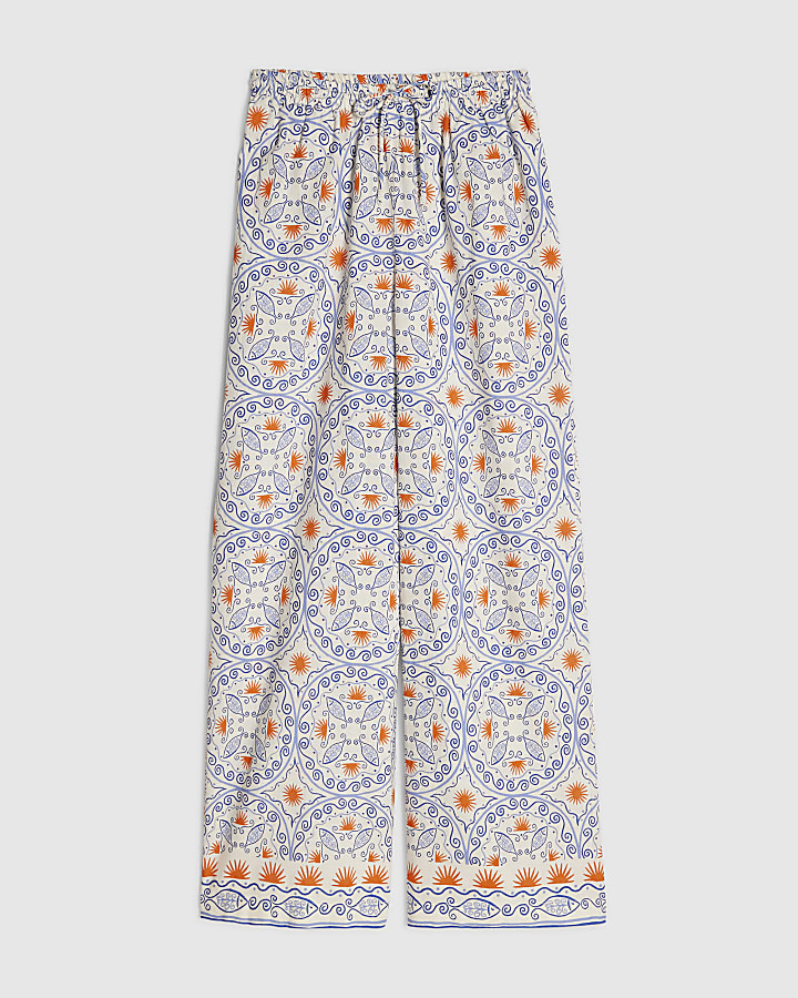 Blue Printed Linen Blend Trousers